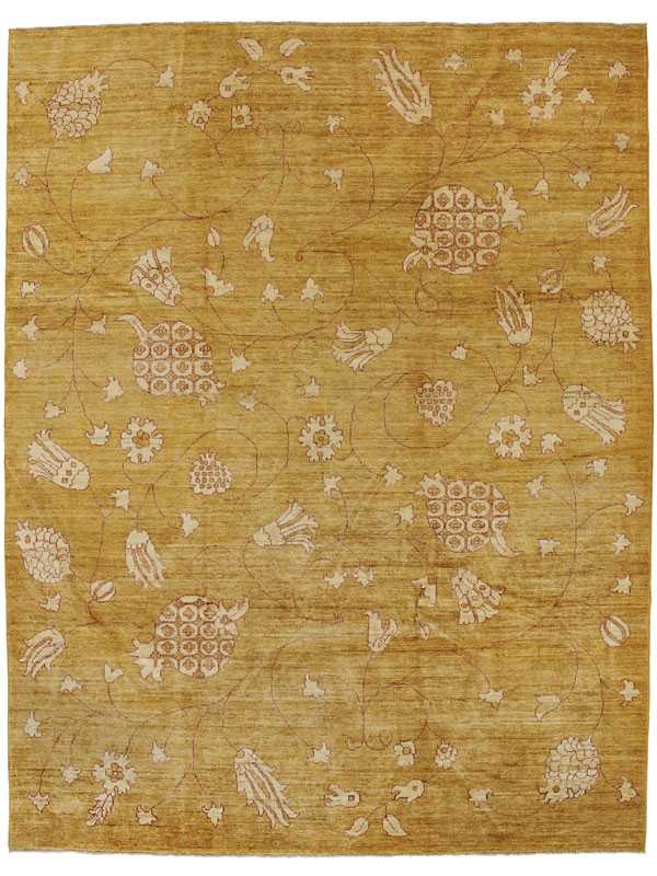 Tappeto contemporaneo nepalese, con motivi a tralci floreali su campo giallo