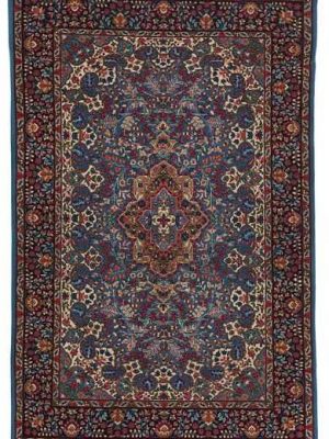 Tappeto orientale bercana con medaglione centrale e intricati dettagli decorativi floreali su tutto il campo blu e il bordo del tappeto