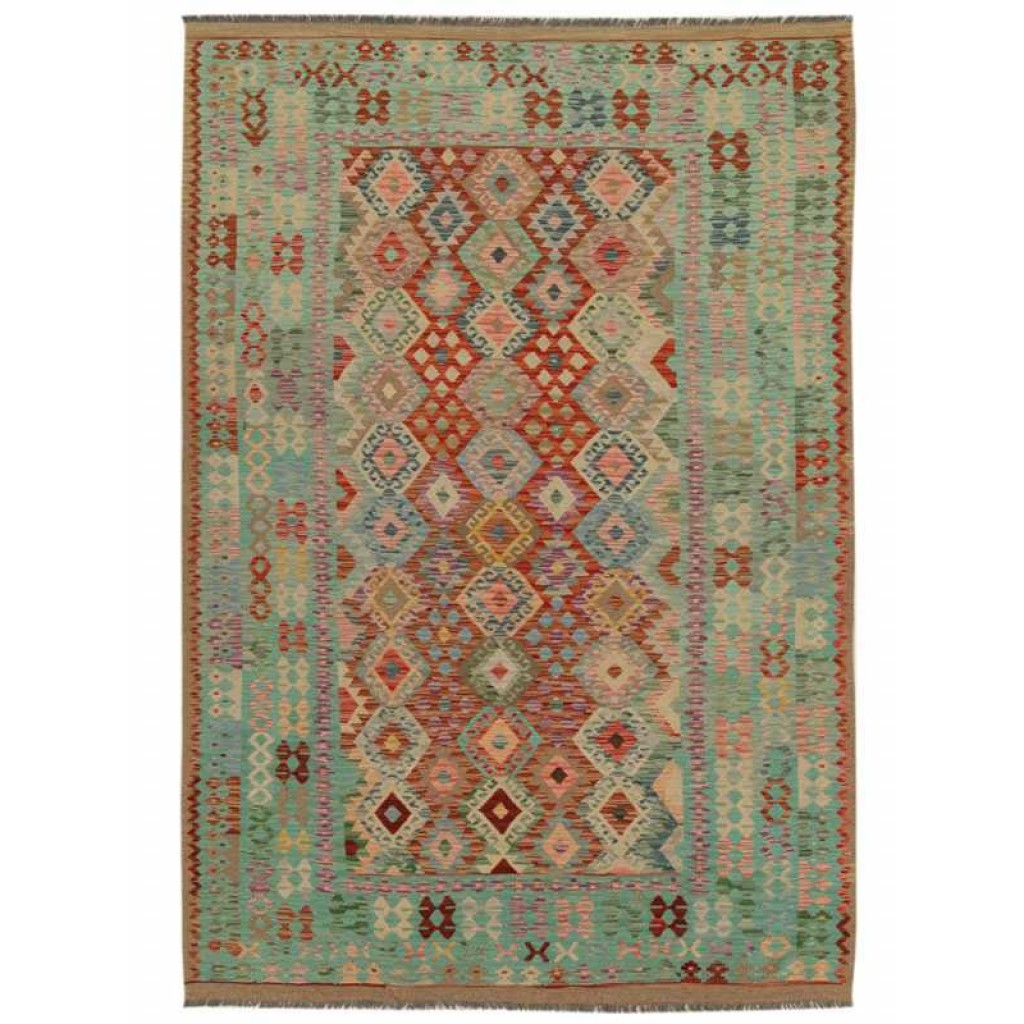 Tappeto contemporaneo kilim maimana con motivi decorativi geometrici e dettagli geometrici sullo spesso bordo