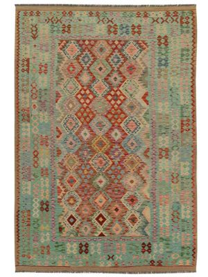 Tappeto contemporaneo kilim maimana con motivi decorativi geometrici e dettagli geometrici sullo spesso bordo