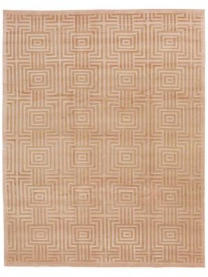 Tappeto contemporaneo nepalese, con motivi decorativi geometrici e lineari bianchi su fondo marrone chiaro