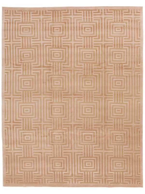 Tappeto contemporaneo nepalese, con motivi decorativi geometrici e lineari bianchi su fondo marrone chiaro