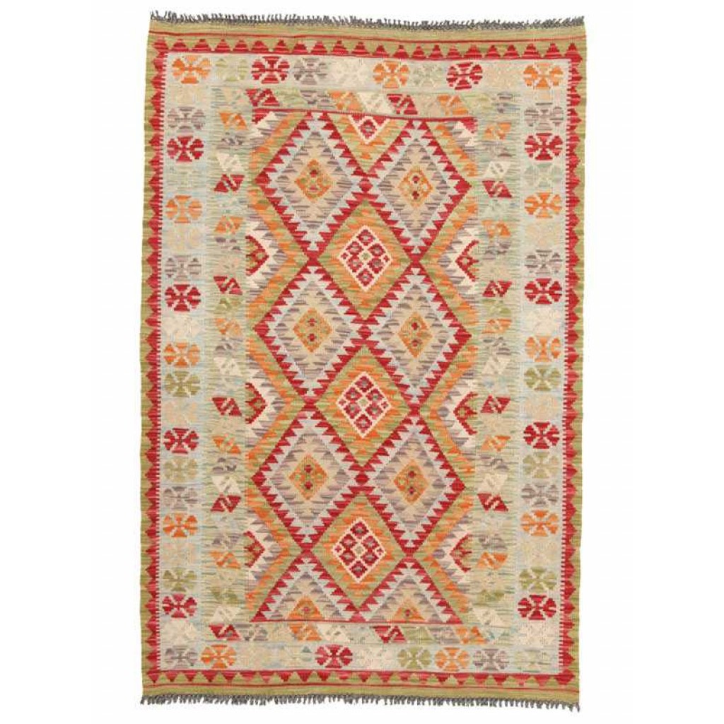 Tappeto contemporaneo kilim maimana con motivi decorativi geometrici e dettagli floreali stilizzati sullo spesso bordo