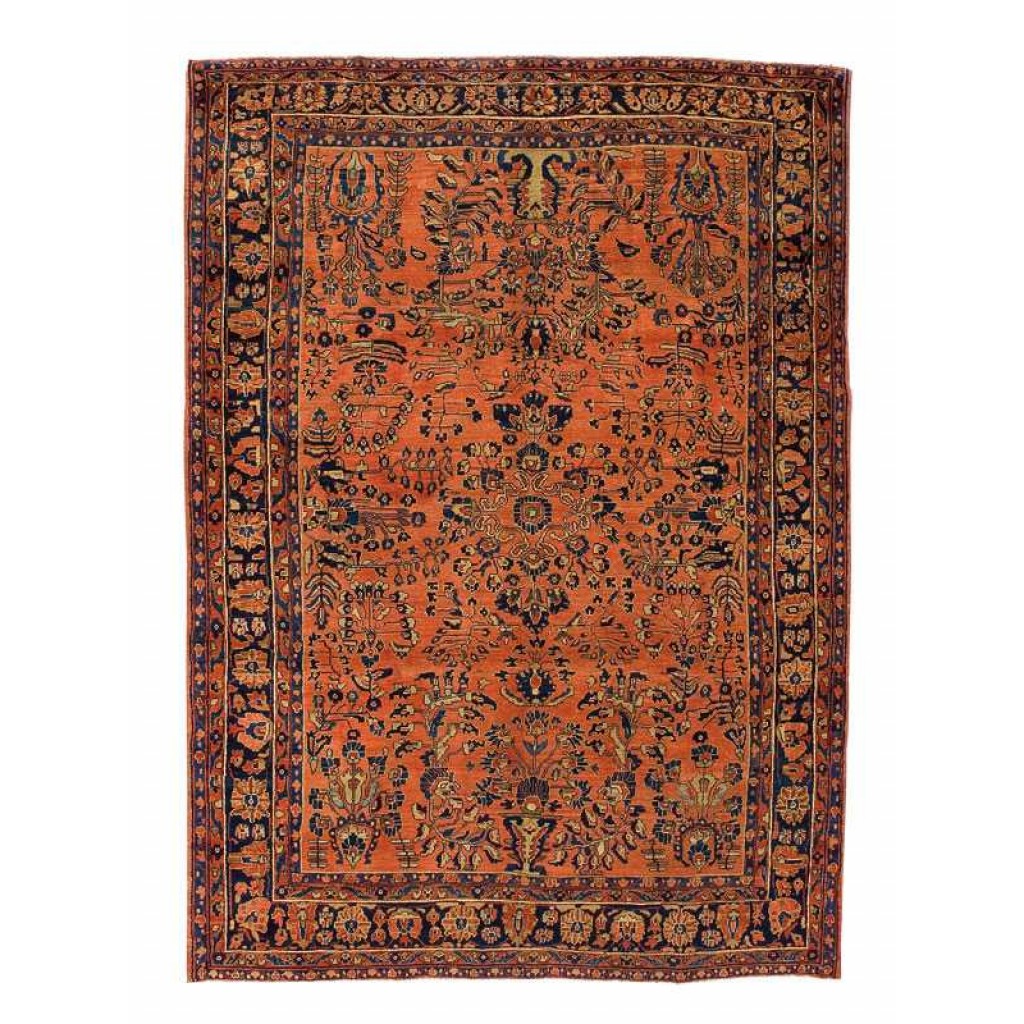 Tappeto saruq antico con intricati motivi decorativi blu su sfondo arancio