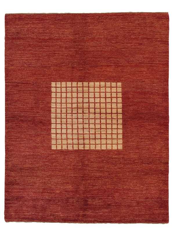 Tappeto contemporaneo lori con decorazione centrale a quadrati bianchi su fondo rosso