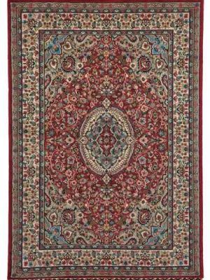 Tappeto persiano originale multan, con medaglione centrale e intricati motivi decorativi floreali su tutto il campo rosso e il bordo bianco del tappeto