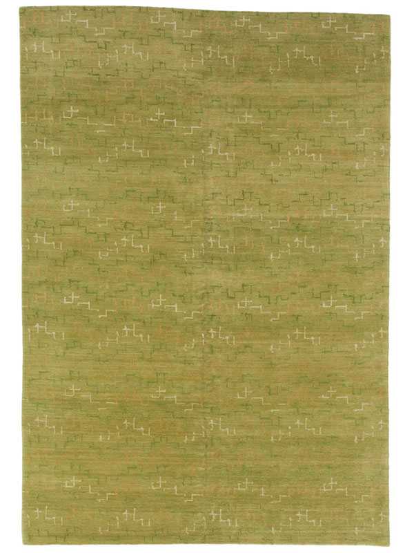 Tappeto contemporaneo nepalese verde con motivi geometrici astratti lineari