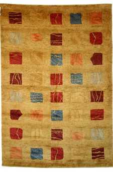 Tappeto contemporaneo tibetano giallo con motivi decorativi quadrati a tutto campo