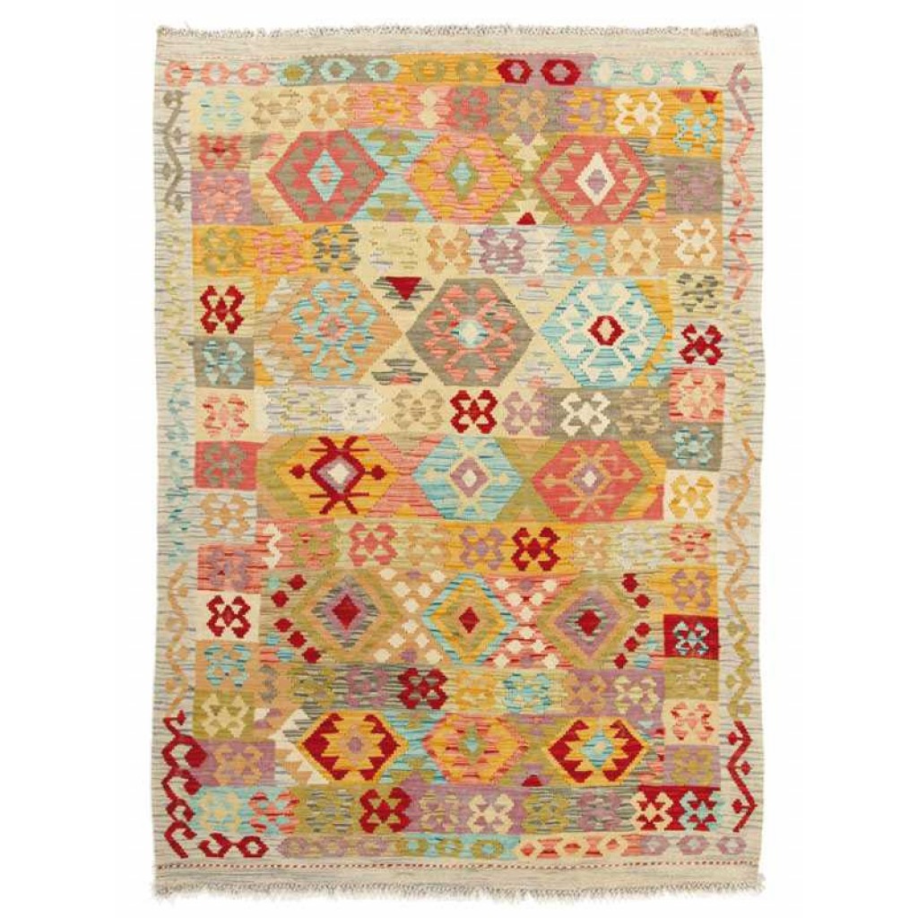 Tappeto contemporaneo kilim maimana con decorazioni a fasce e motivi uncinati multicolori