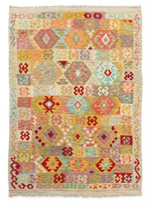 Tappeto contemporaneo kilim maimana con decorazioni a fasce e motivi uncinati multicolori