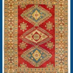 Tappeto decorativo Kazak, con fondo rosso e medaglione decorativo centrale triplo, uncinato e geometrico e motivo decorativi geometrici lungo lo spesso bordo