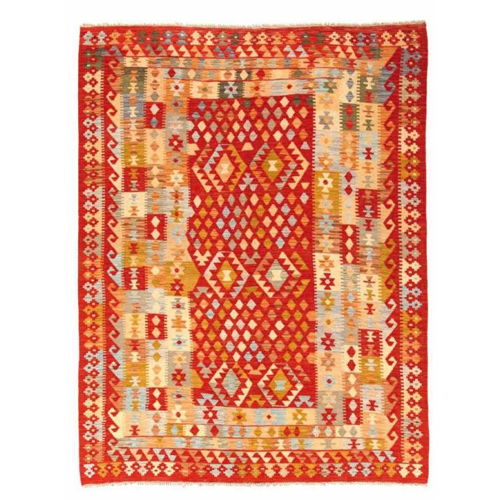 Tappeto contemporaneo kilim maimana con motivi decorativi geometrici a rombo sul campo rosso e spesso bordo con dettagli floreali stilizzati e uncinati