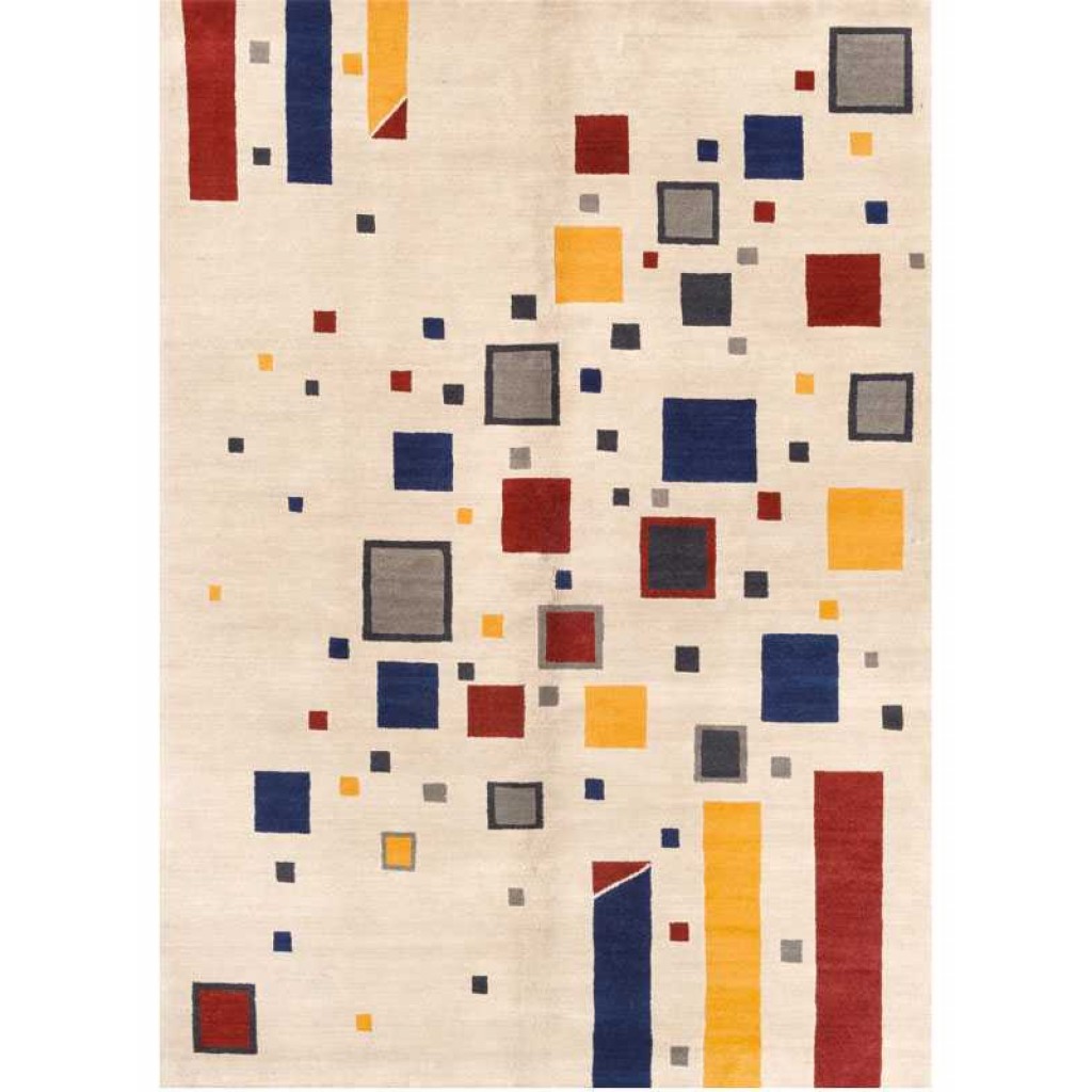 tappeto moderno nepalese geometrico astratto crema, blu, giallo e rosso
