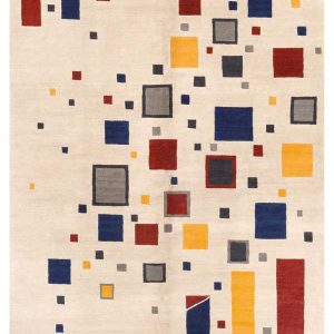 tappeto moderno nepalese geometrico astratto crema, blu, giallo e rosso