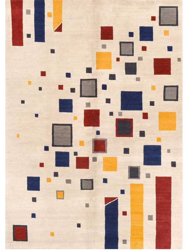 Tappeto contemporaneo nepalese, con motivi decorativi geometrici a quadrati e rettangoli rossi, gialli, grigi e blu su campo bianco