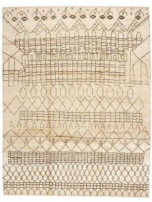 Tappeto contemporaneo nepalese, con motivi decorativi geometrici e astratti neri su campo bianco