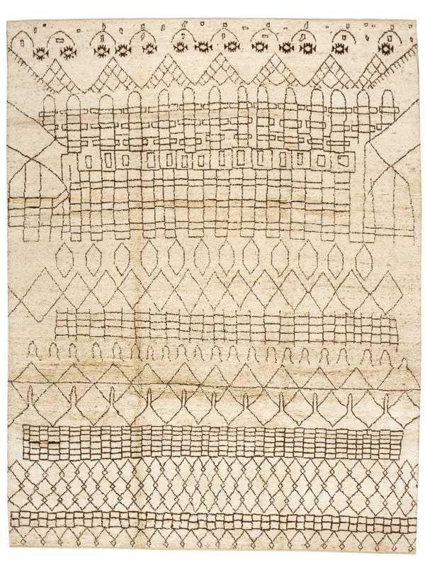Tappeto contemporaneo nepalese, con motivi decorativi geometrici e astratti neri su campo bianco