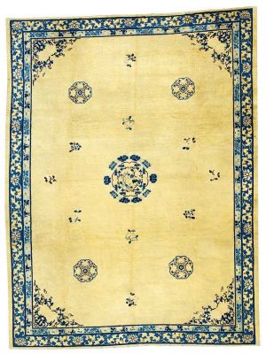 Tappeto cinese pekino antico con dettagli decorativi floreali blu minimalisti a tutto campo crema e sul bordo