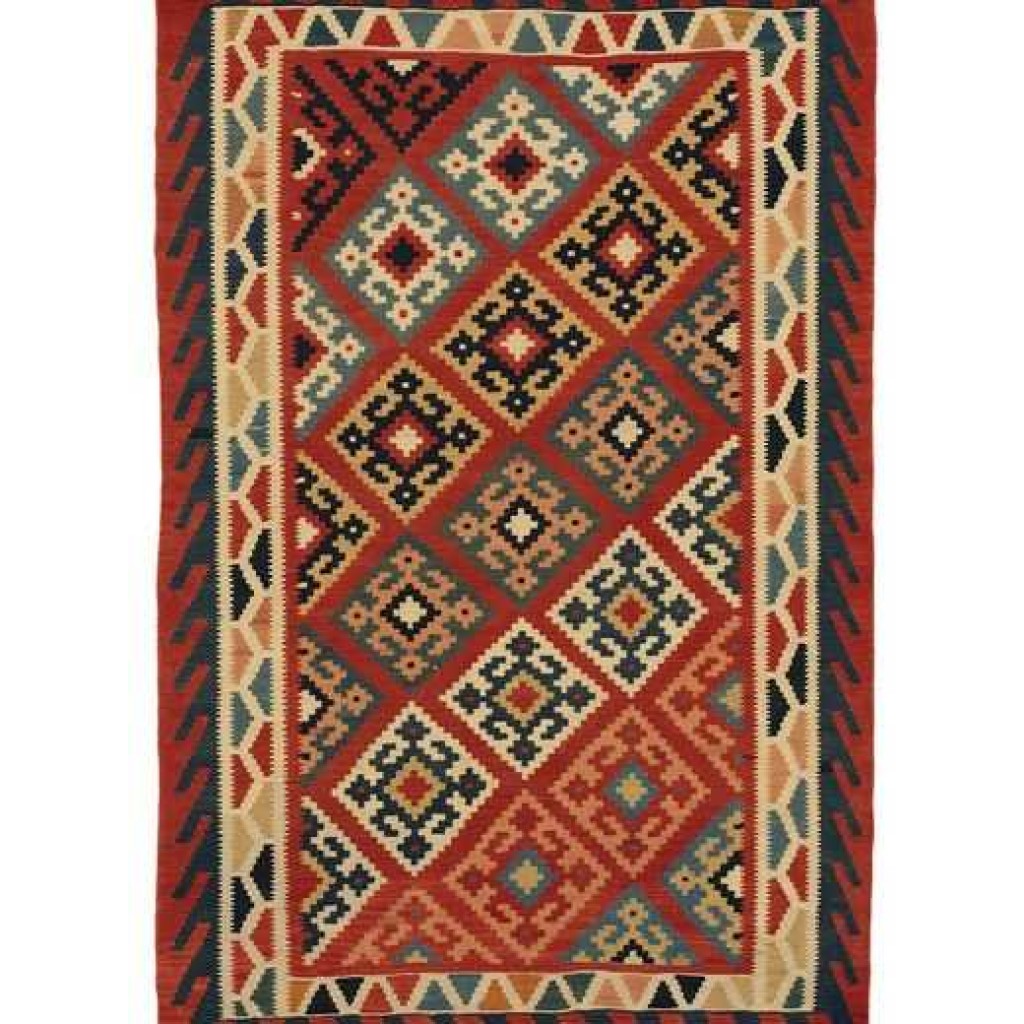 Tappeto contemporaneo kilim persiano con motivi decorativi geometrici a rombo uncinato sul campo rosso e doppio bordo