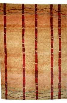 Tappeto contemporaneo tibetano a strisce rosse e crema