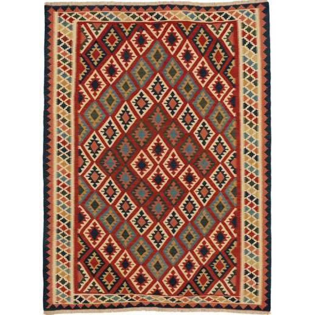 Tappeto contemporaneo kilim persiano con motivi decorativi geometrici a rombo sul campo rosso e sul doppio bordo