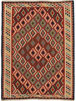 Tappeto contemporaneo kilim persiano con motivi decorativi geometrici a rombo sul campo rosso e sul doppio bordo
