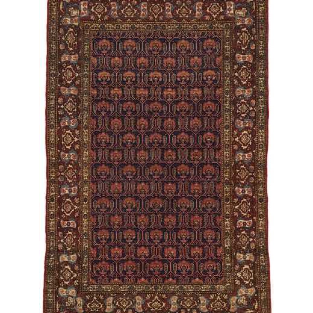 Tappeto ferahan antico con motivi decorativi geometrici rossi a tutto campo blu e sullo spesso bordo