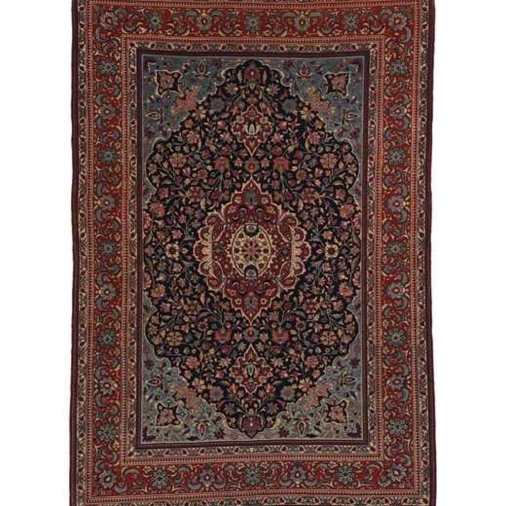 Tappeto Isfahan antico con medaglione centrale rosso su campo blu e intricati dettagli decorativi floreali su tutto il campo blu e sullo spesso bordo rosso