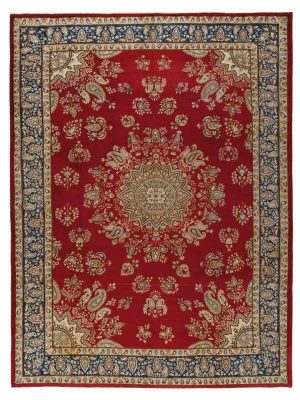 antico tappeto kirman con medaglione centrale e motivi decorativi dorati a goccia sul campo rosso e sullo spesso bordo blu