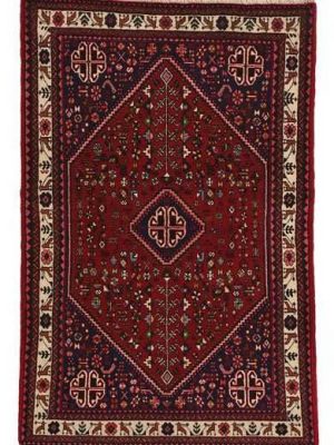 Tappeto persiano originale abadeh con medaglione centrale rosso a rombo su sfondo rosso, e motivi decorativi stilizzati e uncinati sul campo e il bordo bianco del tappeto