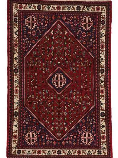 Tappeto persiano originale abadeh con medaglione centrale rosso a rombo su sfondo rosso, e motivi decorativi stilizzati e uncinati sul campo e il bordo bianco del tappeto