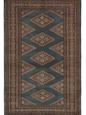 tappeto antico buk merinos, con cinque medaglioni centrali geometrici centrali su sfondo blu e disegni geometrici tribali sullo spesso bordo