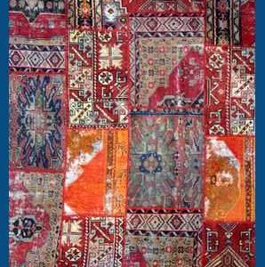Tappeto patchwork contemporaneo, ottenuto da tappeti classici rossi e arancioni