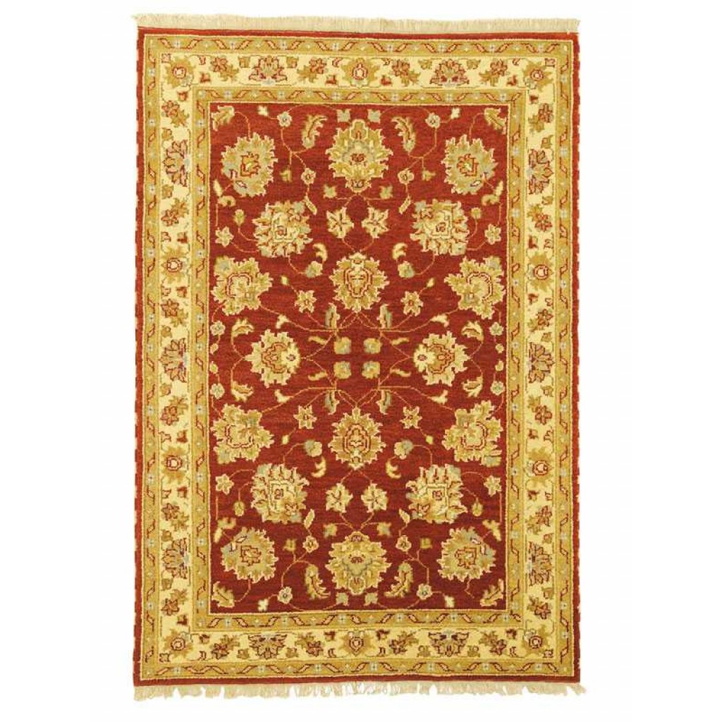 tappeto decorativo zigler a motivi floreali, con spesso bordo crema e oro e sfondo rosso
