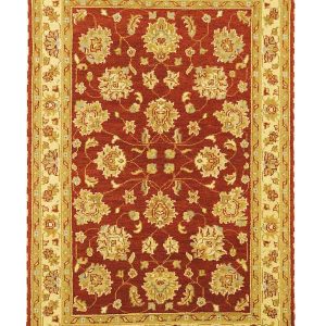 tappeto decorativo zigler a motivi floreali, con spesso bordo crema e oro e sfondo rosso