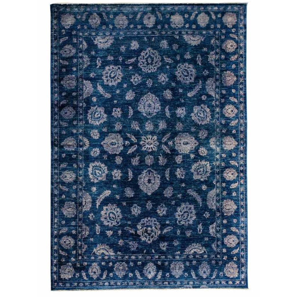 Tappeto contemporaneo Recolor blu, con motivi decorativi classici floreali e spesso bordo