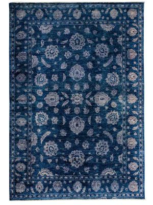 Tappeto contemporaneo Recolor blu, con motivi decorativi classici floreali e spesso bordo