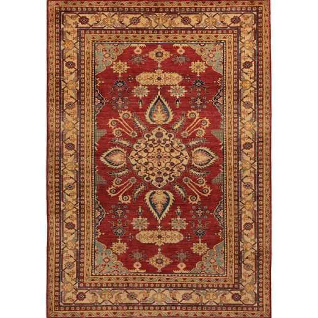 Tappeto orientale Khotan con medaglione centrale e dettagli floreali su sfondo rosso e sullo spesso bordo triplo crema