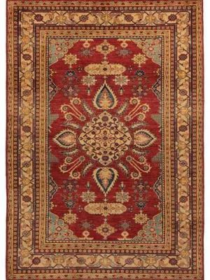 Tappeto orientale Khotan con medaglione centrale e dettagli floreali su sfondo rosso e sullo spesso bordo triplo crema
