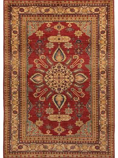 Tappeto orientale Khotan con medaglione centrale e dettagli floreali su sfondo rosso e sullo spesso bordo triplo crema