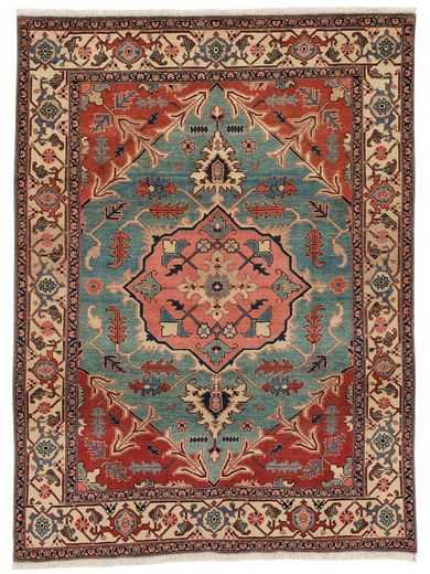 Tappeto persiano originale heriz con medaglione centrale rosa su sfondo blu, e motivi decorativi stilizzati sul campo e il bordo bianco del tappeto