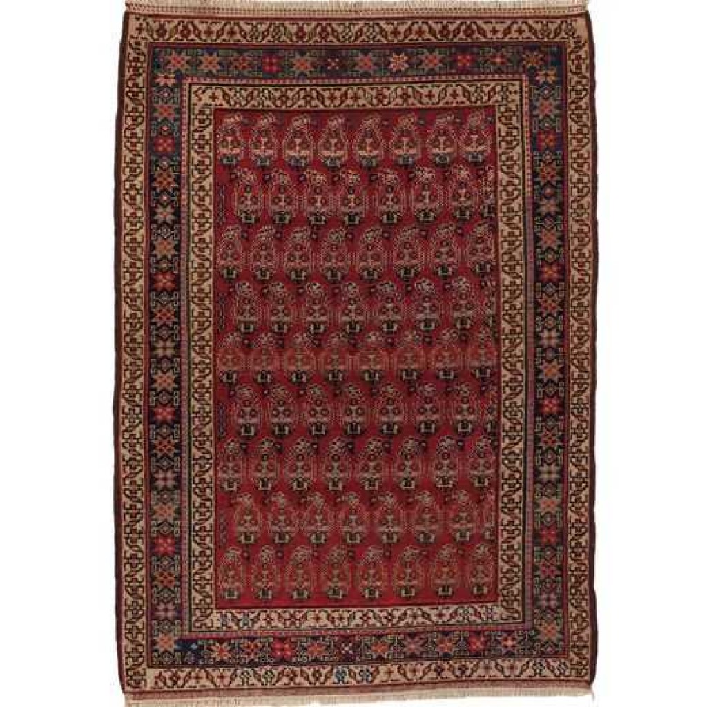 Tappeto malayer antico conmotivi decorativi geometrici tribali sul campo rosso del tappeto e motivi decorativi a stelle sul bordo blu del tappeto