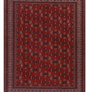 Tappeto antico bukara con decorazioni geometriche su sfondo rosso a tutto campo e spesso bordo geometrico