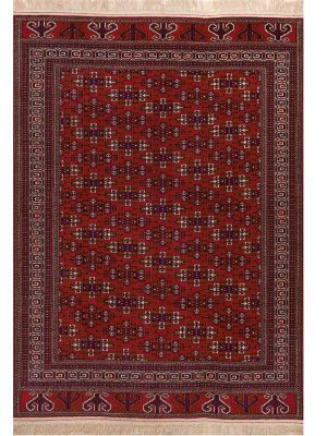 Tappeto antico bukara con decorazioni geometriche su sfondo rosso a tutto campo e spesso bordo geometrico