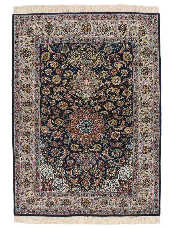 Tappeto persiano originale Isfahan con intricato medaglione centrali e motivi decorativi floreali su campo blu e con spesso bordo