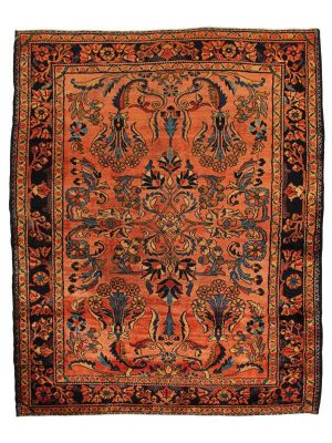 Tappeto orientale lilian antico con dettagli decorativi floreali stilizzati su campo rosso e sul bordo nero
