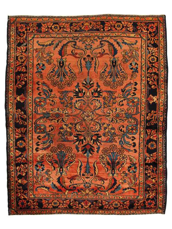 Tappeto orientale lilian antico con dettagli decorativi floreali stilizzati su campo rosso e sul bordo nero
