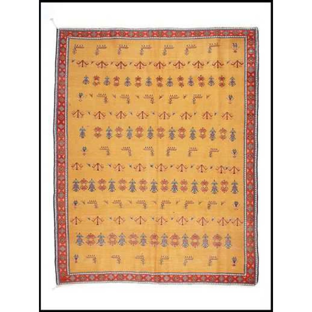 Tappeto contemporaneo sumak con motivi decorativi stilizzati su fondo giallo e sottile bordo rosso con motivi decorativi geometrici