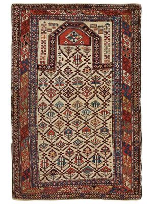 Tappeto shirvan antico con motivi decorativi stilizzati e geometrici rossi, blu e verdi su campo bianco e sullo spesso bordo rosso