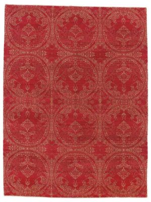 Tappeto contemporaneo nepalese, con motivi decorativi a cerchio a tutto campo rosso